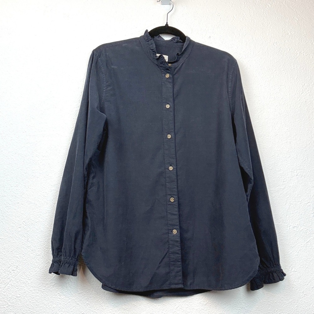 J.Crew Navy Blue Corduroy Shirt - 10- Ruffle Collar Button Down Classic Preppy